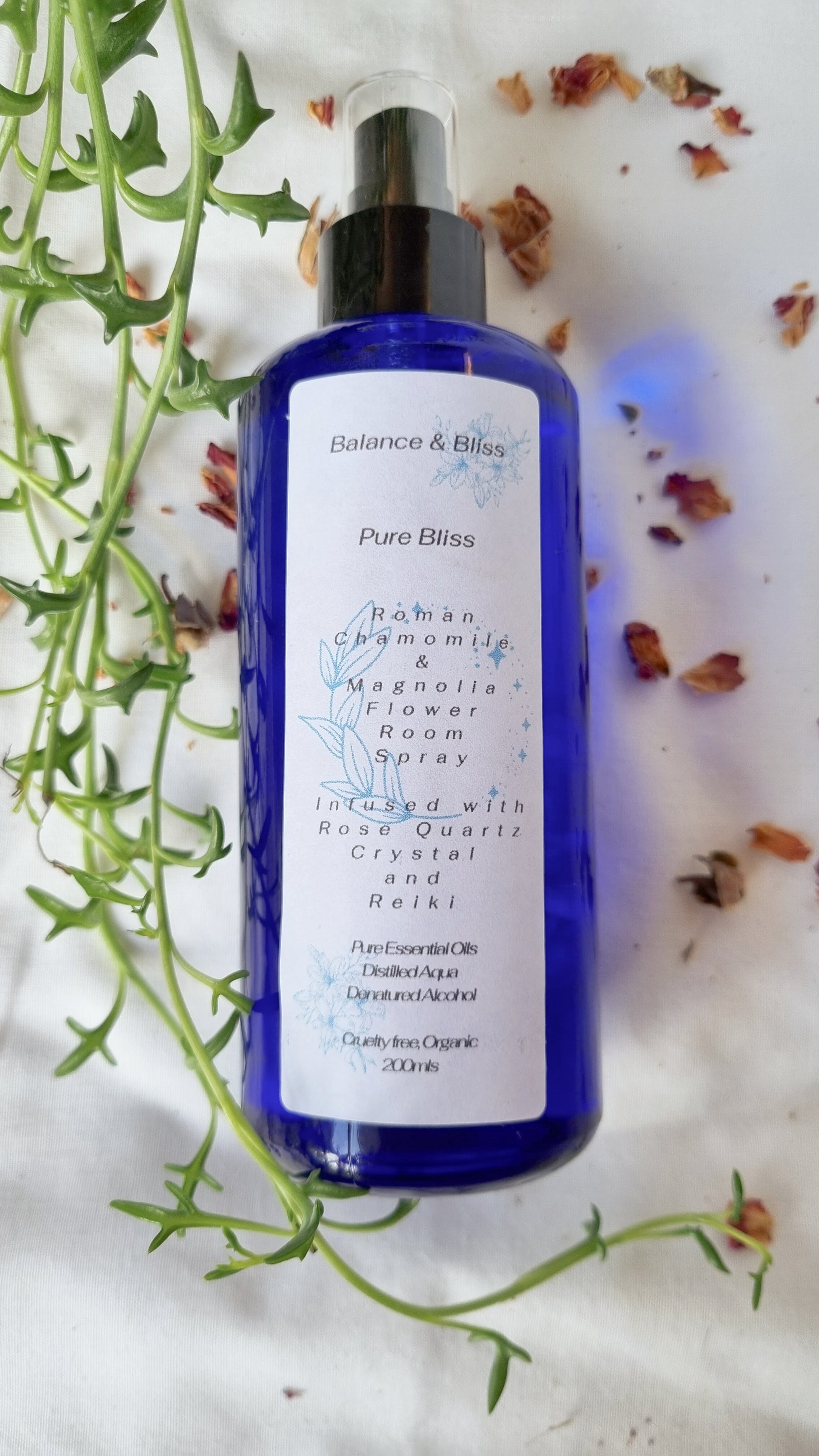 Pure Bliss Essential Oil Spray Infused With Rose Quartz Crystal and Re –  Balance and Bliss NZ